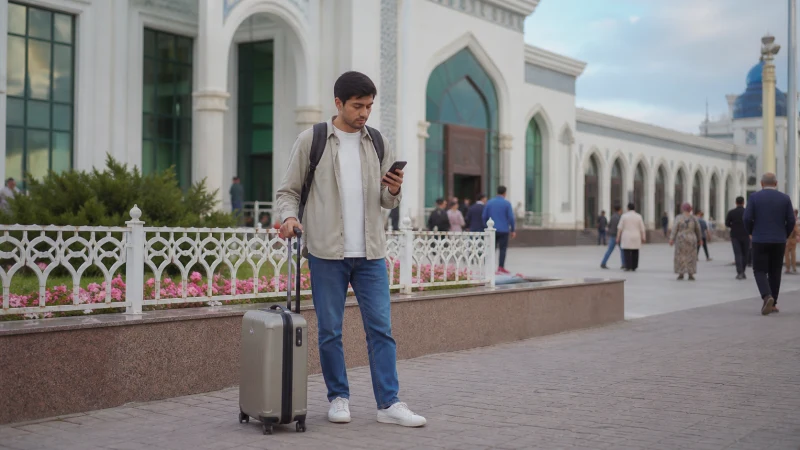 Short-trip traveller checking a phone outside Tashkent station