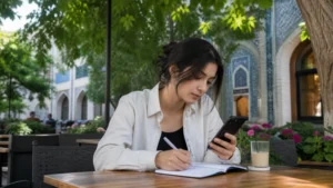 Student traveller using a phone and notebook in Tashkent