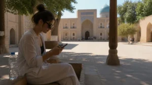 Summer traveller using a phone in a shaded Bukhara courtyard