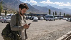 Overland traveller checking a phone before the Tajikistan border