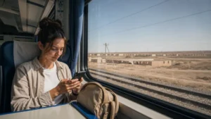 Traveller using a smartphone on an Uzbekistan long-distance train