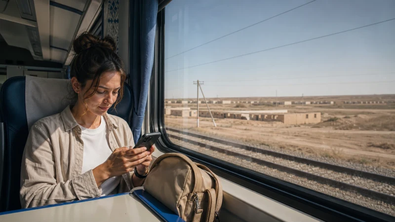Traveller using a smartphone on an Uzbekistan long-distance train