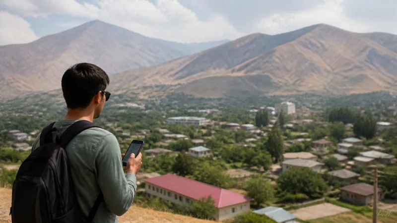 Traveller using a smartphone for mobile internet in vahdat: esim and tourist data guide