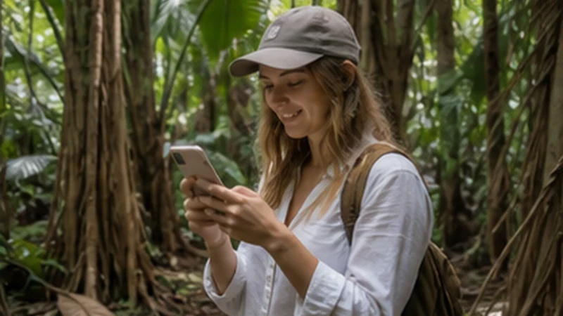 Traveller using a smartphone in Vallée de Mai, Seychelles