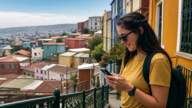 Traveller using a smartphone in Chile for using mobile internet while staying in valparaíso