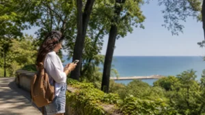 Traveller checking a smartphone in Varna Sea Garden