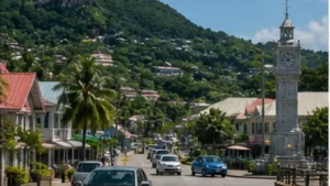 Traveller using a smartphone between Victoria and Beau Vallon