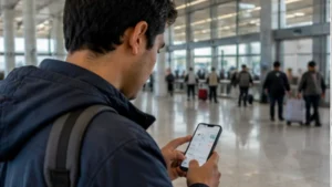 Traveller using a smartphone in Bolivia while researching how to set up an esim at viru viru airport