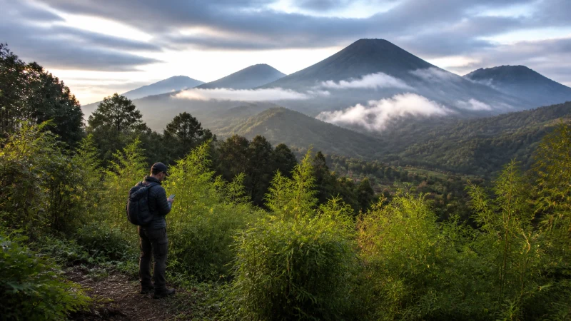 Hiker using a smartphone near Volcanoes National Park Rwanda