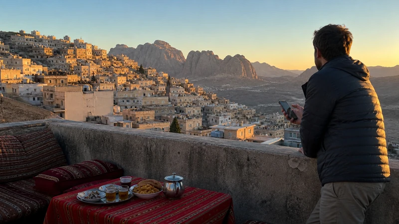 Traveller using a smartphone in Jordan for mobile internet in wadi musa: esim and tourist connectivity