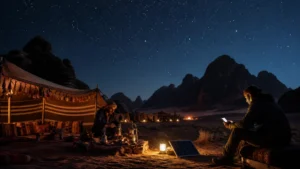 Traveller using a smartphone in Jordan for mobile internet in wadi rum: esim, wi-fi and travel data