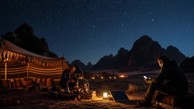 Traveller using a smartphone in Jordan for mobile internet in wadi rum: esim, wi-fi and travel data