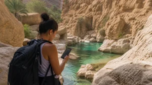 Traveller using a smartphone during hiker near Wadi Shab