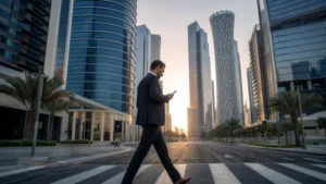 Traveller using a smartphone in business visitor crossing West Bay among glass towers