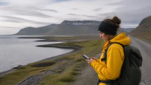 Traveller using a smartphone in the Westfjords