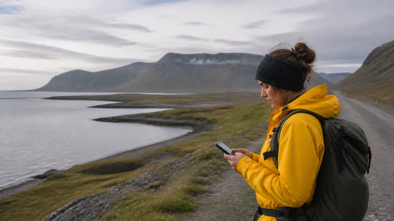 Traveller using a smartphone in the Westfjords