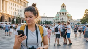 Traveller checking a slow mobile connection in central Sofia