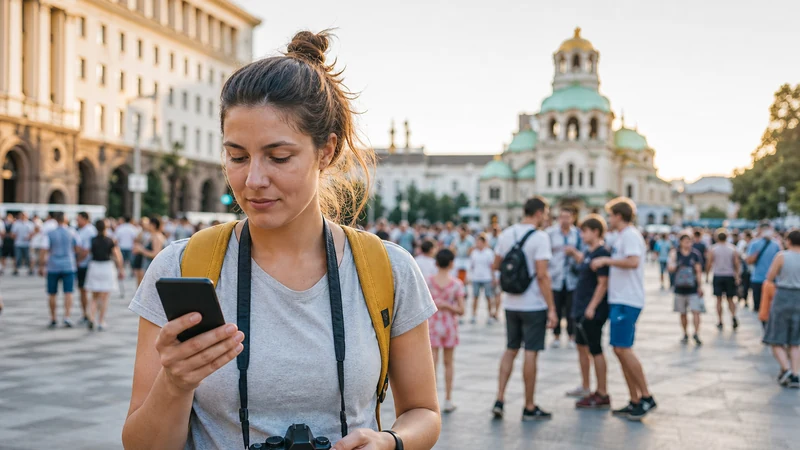 Traveller checking a slow mobile connection in central Sofia