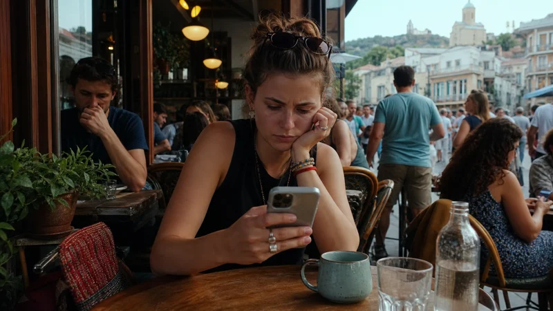 Traveller checking a slow smartphone connection in a busy Tbilisi café