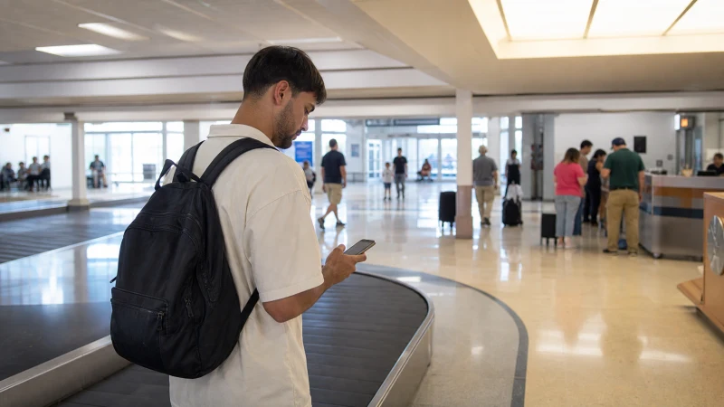 Traveller using a smartphone in Puerto Rico while using airport Wi-Fi after landing in Aguadilla