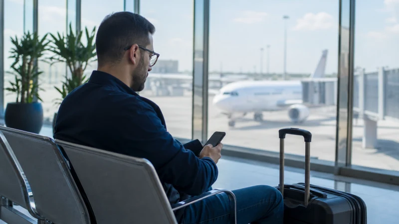 Traveller connecting to Wi-Fi at Algiers Airport