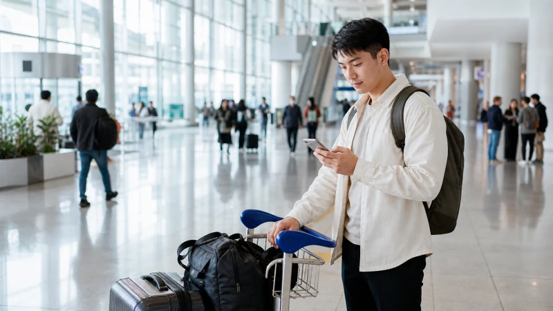 Arriving traveller using a smartphone in Almaty Airport.
