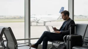 Traveller using a smartphone inside Antwerp Airport in Belgium