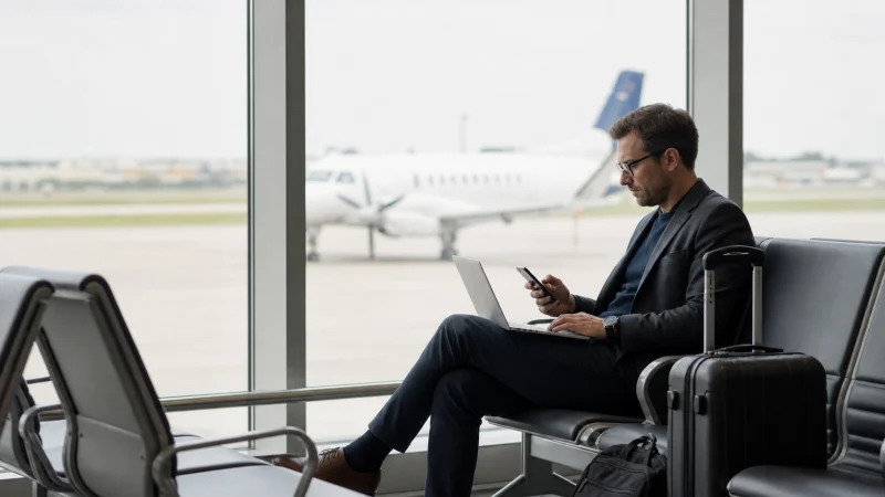 Traveller using a smartphone inside Antwerp Airport in Belgium