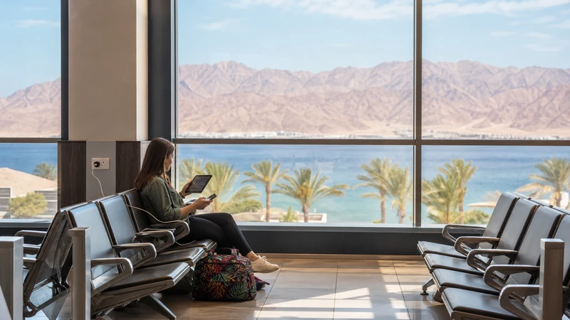 Traveller using a smartphone in Jordan for wi-fi at aqaba airport: internet and esim arrival guide