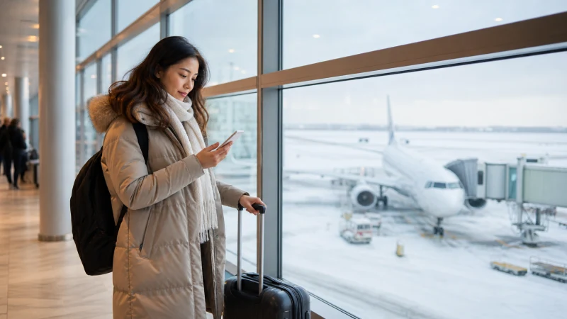 Winter traveller using a smartphone inside Astana Airport.