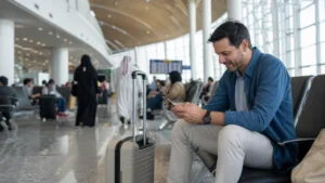 Traveller using a smartphone in Bahrain for wifi bahrain airport