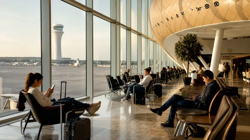 Traveller connecting to Wi-Fi inside Baku Airport