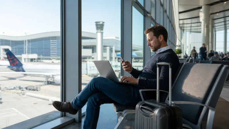 Traveller using a smartphone inside Brussels Airport in Belgium