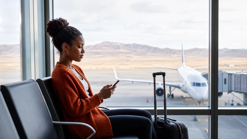 Traveller using a smartphone in Mongolia for wifi chinggis khaan airport