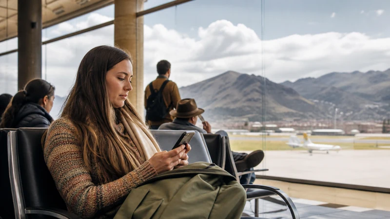 Traveller using a smartphone in Peru for wifi cusco airport