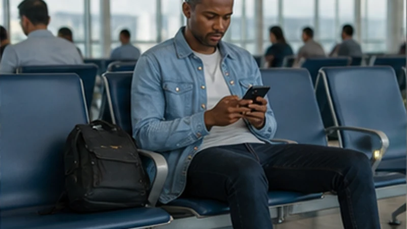 Traveller connecting a smartphone to Wi-Fi at Dar es Salaam Airport