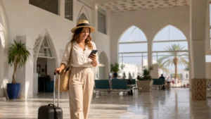 Traveller using a smartphone for Wi-Fi Djerba Airport in Tunisia