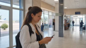 Traveller using a smartphone for wi-fi at dushanbe airport: internet and esim arrival guide