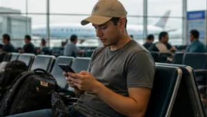 Traveller using a smartphone in El Salvador while researching wi-fi at el salvador international airport: what to expect