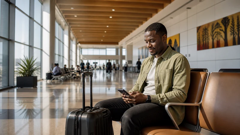Arrivals hall at Gaborone airport with phone traveller.