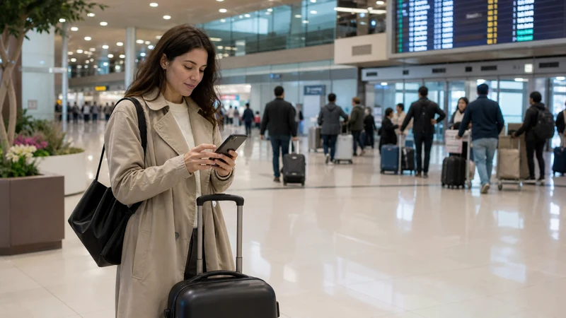 Traveller using a smartphone in Gimpo Airport arrivals