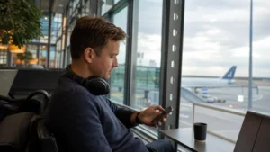 Traveller using a smartphone while preparing for wi-fi at gothenburg landvetter airport