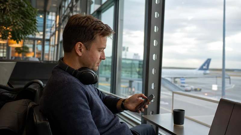 Traveller using a smartphone while preparing for wi-fi at gothenburg landvetter airport