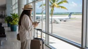 Traveller using airport WiFi at Grand Bahama airport
