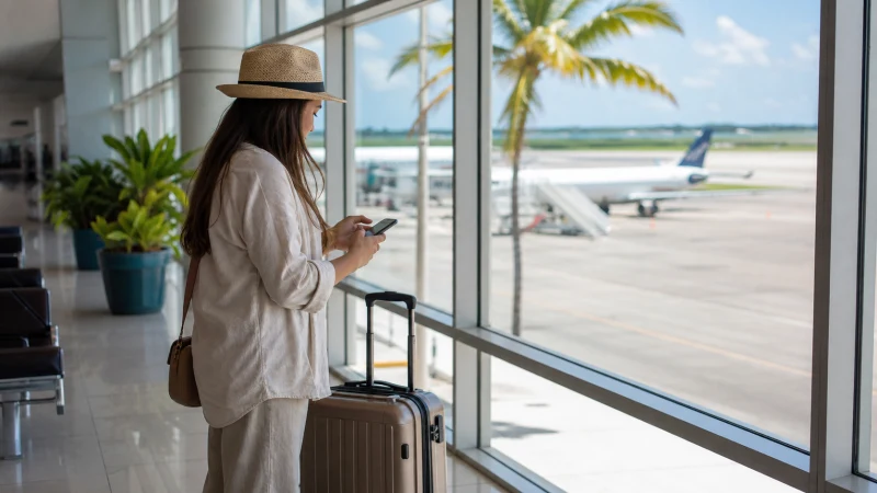 Traveller using airport WiFi at Grand Bahama airport