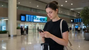 Traveller using a smartphone in Incheon Airport arrivals