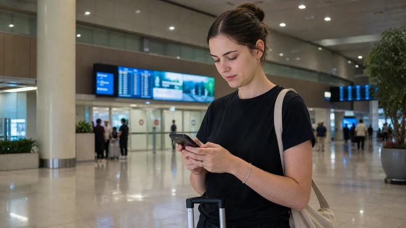 Traveller using a smartphone in Incheon Airport arrivals