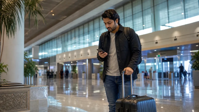 Traveller using a smartphone in Islamabad Airport arrivals