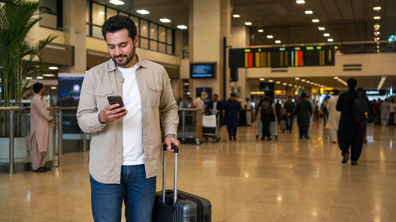 Traveller using a smartphone in Karachi Airport arrivals
