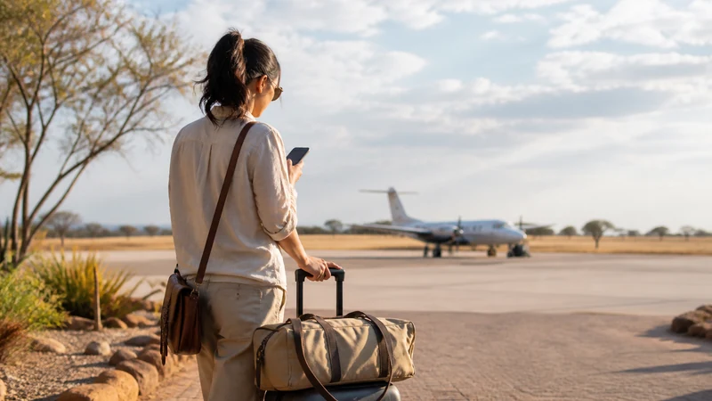 Kasane airport arrival with phone and safari luggage.